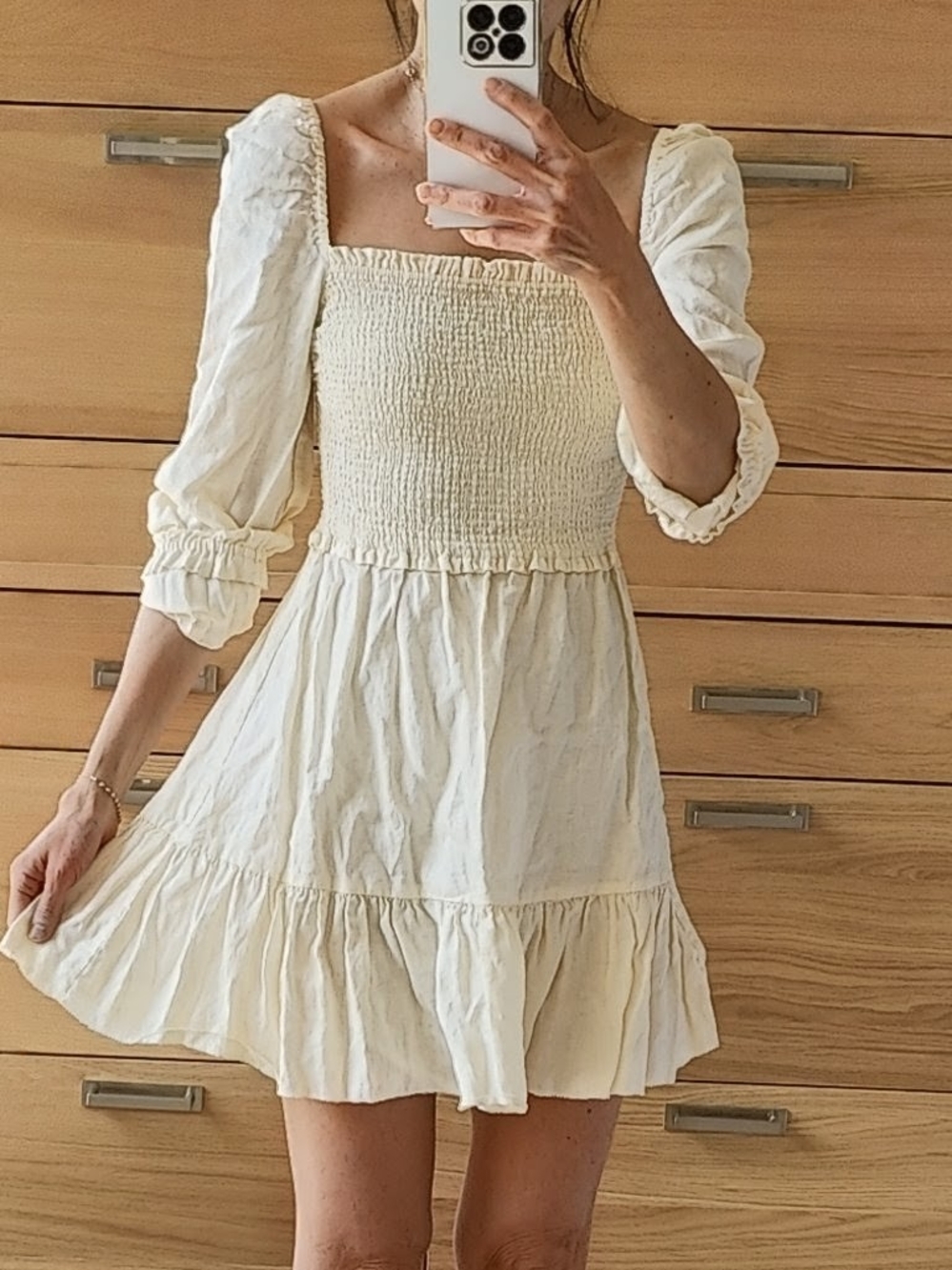 Aritizia Linen Smocked Square-Neck Puff Sleeve Mini Dress Light Yellow